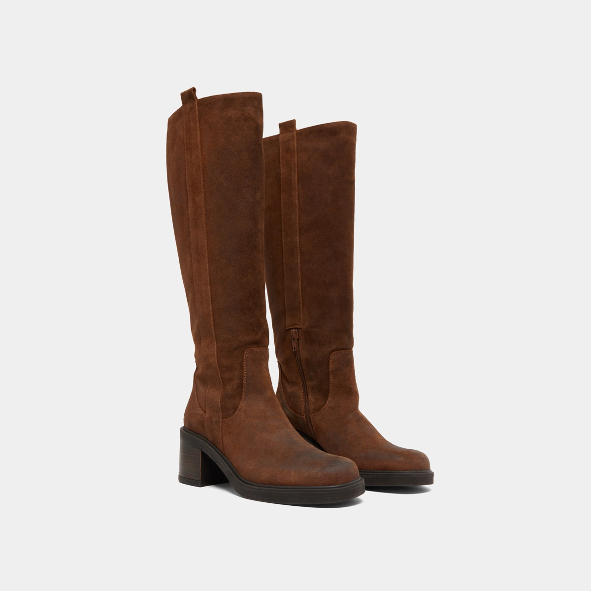 Square-toe ankle boots with elastics in tabac laminated suede | PANACHE