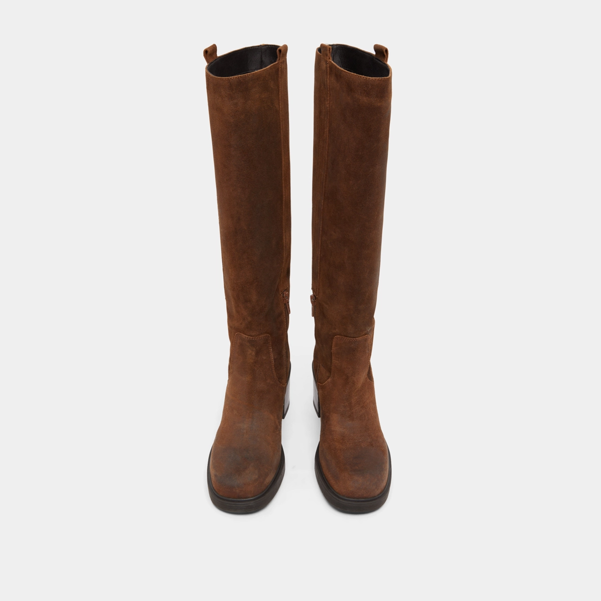 Square-toe ankle boots with elastics in tabac laminated suede | PANACHE