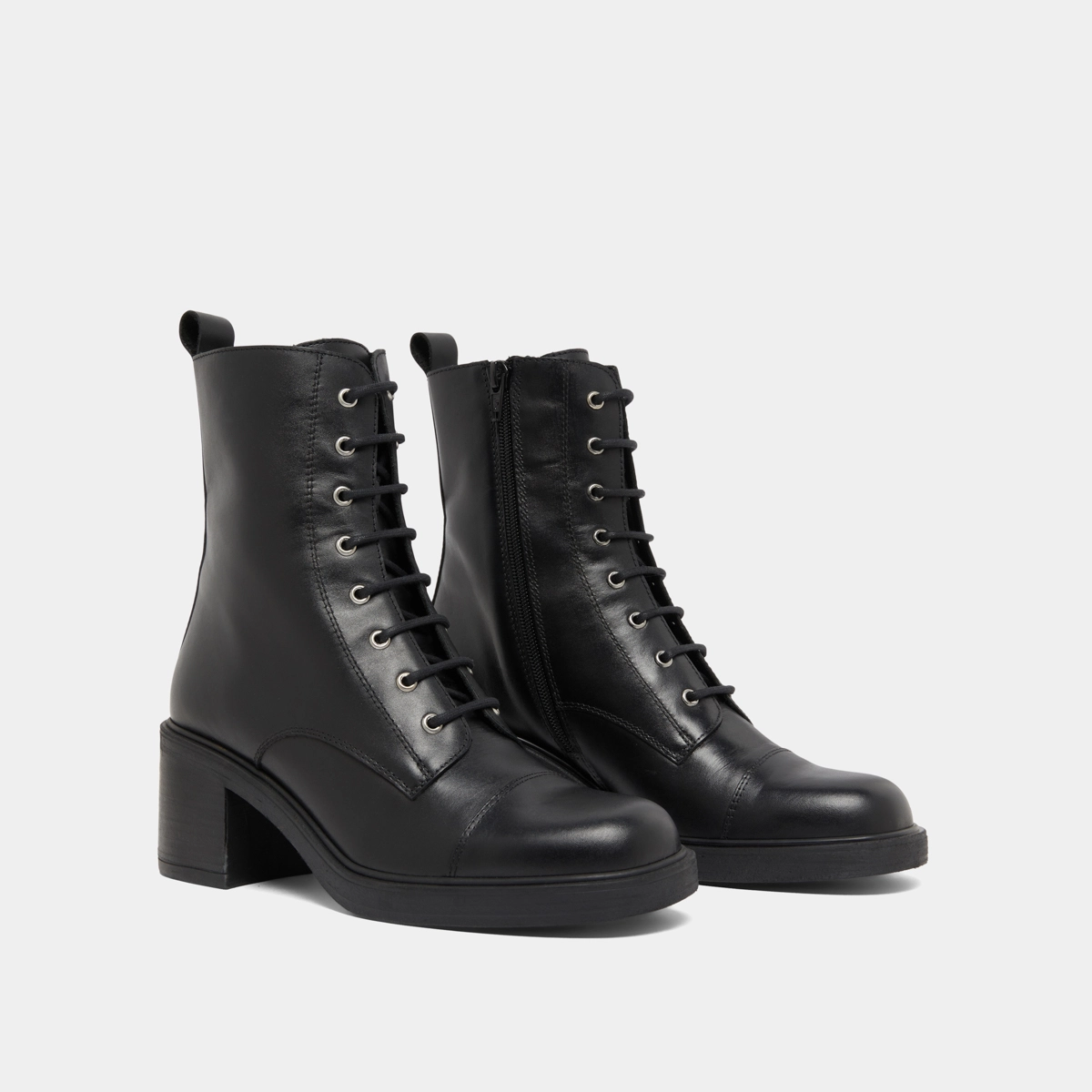 Lace-up ankle boots with back elastic straps in black leather | PANAME