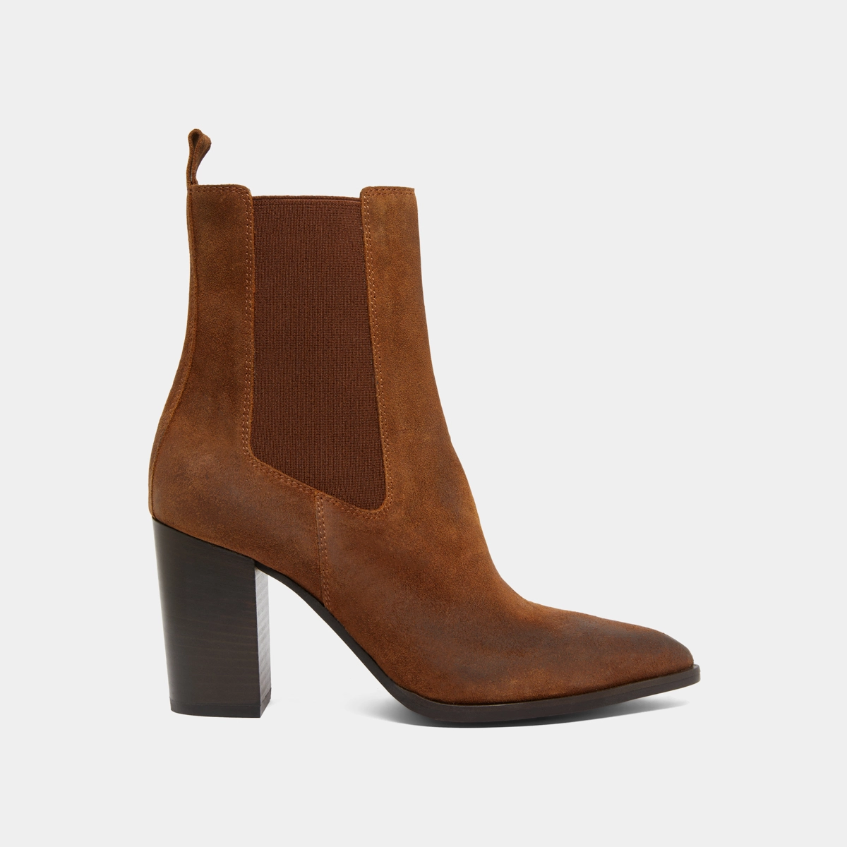 Heeled ankle boots with elastics in cognac laminated suede | PEPITA