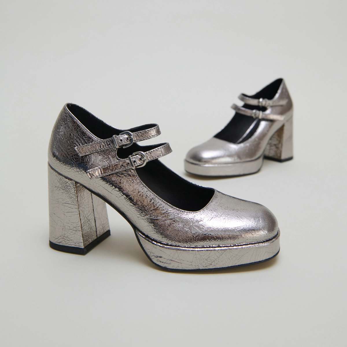 Mary Jane with double straps and platforms in dark silver metallic leather | VERITE