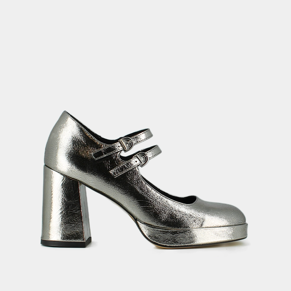 Mary Jane with double straps and platforms in dark silver metallic leather | VERITE