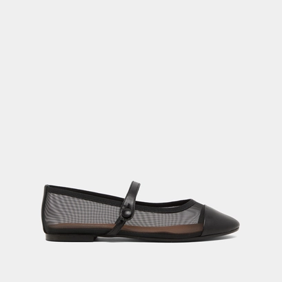 Ballet flats with oval tips and straps in black leather and mesh | DALA