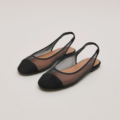 Oval-toed ballet flats in black velvet and mesh | DALAYO