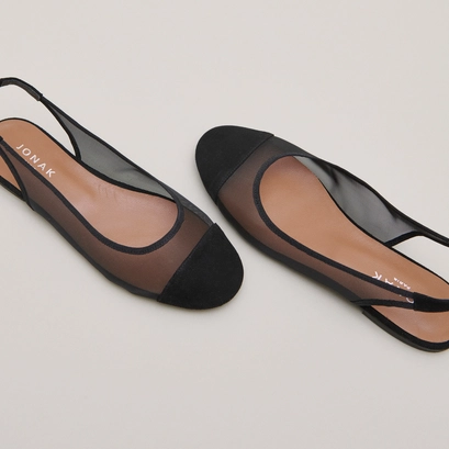 Oval-toed ballet flats in black velvet and mesh | DALAYO