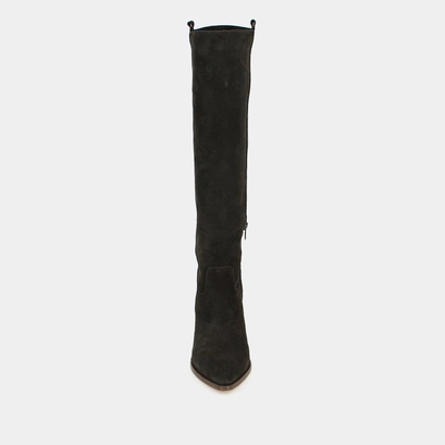 Boots with high heels and pointed toes in dark brown suede | peche