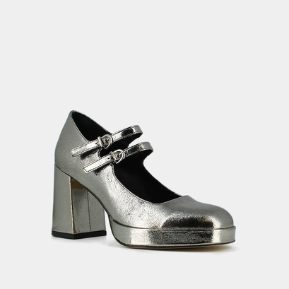 Mary jane with double straps and platforms in dark silver metallic leather | verite