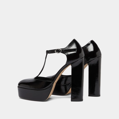 Heeled t-bar in black shiny leather | vanco