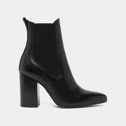 Heeled ankle boots with pointed toes in black grained leather | brook