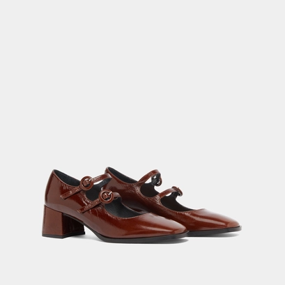 Babies with double straps and rounded toes in brown shiny leather | DELOU