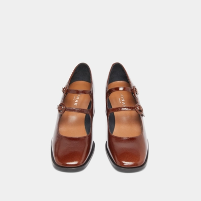 Babies with double straps and rounded toes in brown shiny leather | DELOU