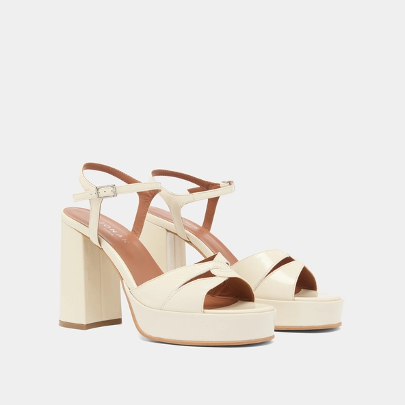 Platform sandals and high heels in ecru shiny leather | JUSTINE