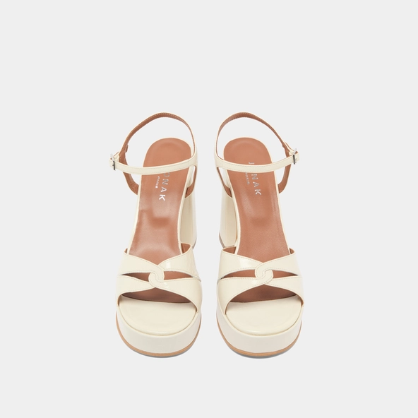 Platform sandals and high heels in ecru shiny leather | JUSTINE
