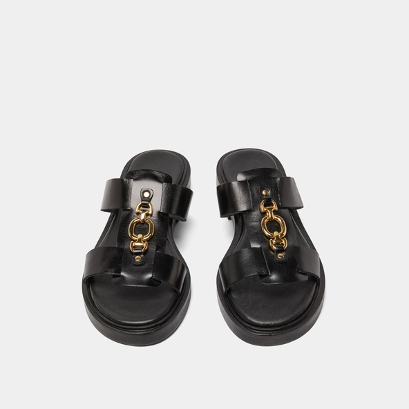 Mules with golden jaws in black leather | DOP