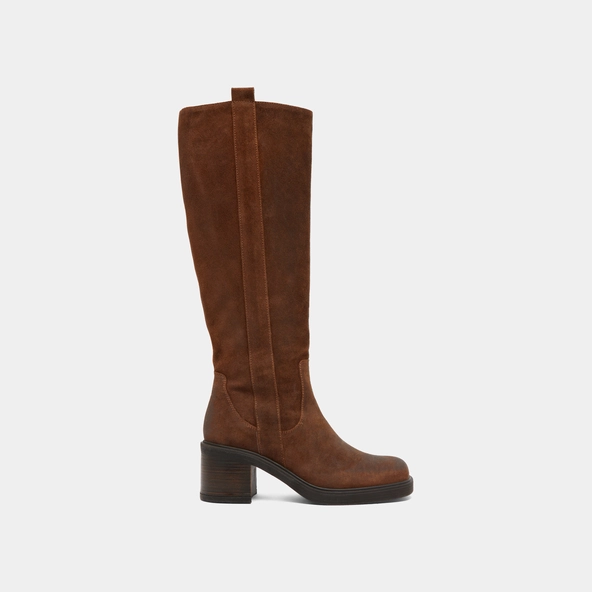Square-toe ankle boots with elastics in tabac laminated suede | PANACHE