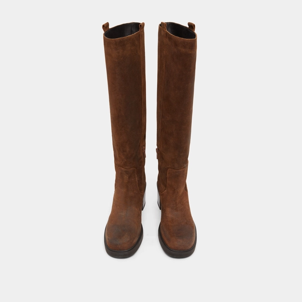 Square-toe ankle boots with elastics in tabac laminated suede | PANACHE