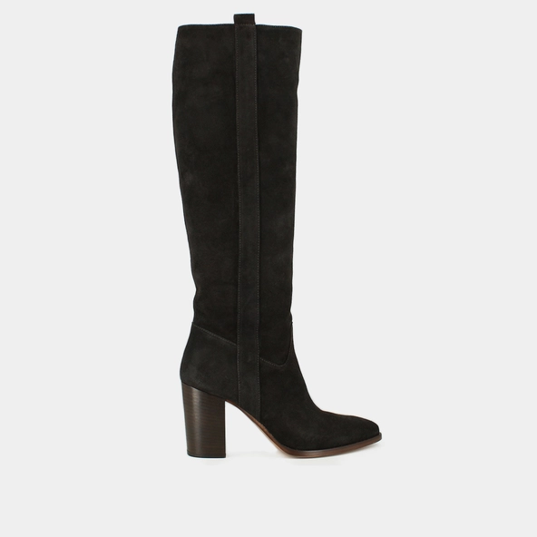 Boots with high heels and pointed toes in dark brown suede | PECHE