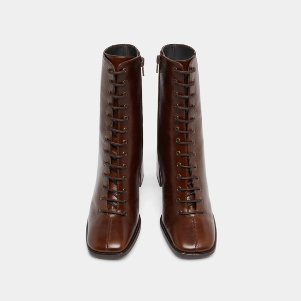 Heeled ankle boots with laces in brown distressed leather | VANDELLE
