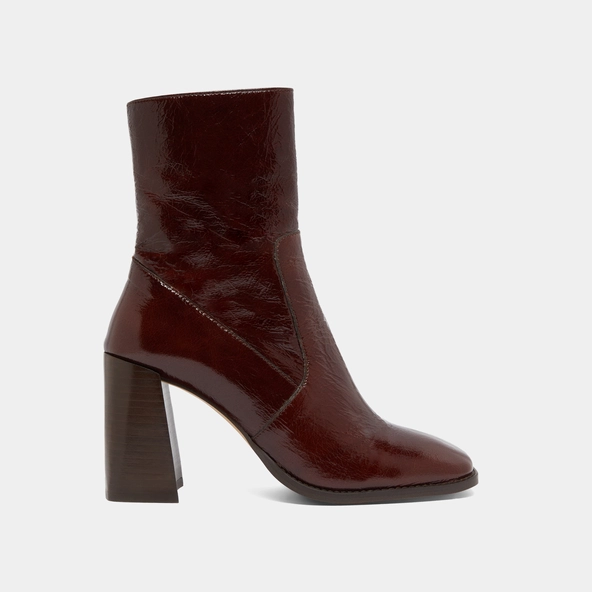 Heeled ankle boots with square toes in chocolate shiny leather | VIDAL