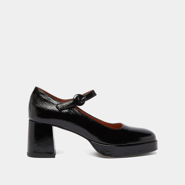 Babies with heels and unique straps in black shiny leather | VUELO